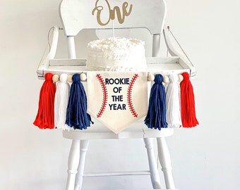 Rookie of the Year 1st Birthday Tassel Banner, Baseball Highchair Decoration,  Little Slugger First Birthday Party Sign, Cake Smash Pennant