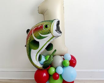 First Birthday Balloon Tower: Fishing Party Decor (Green Bass, Number One)