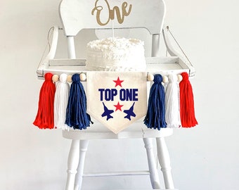 TOP ONE 1st Birthday Banner with Tassels, Airplane First Birthday Highchair Decoration, Nursery Wall Flag, Cake Smash Sign, Aviation Party