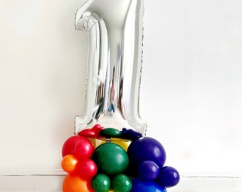 Rainbow 1st Birthday Balloon Tower, Colorful First Birthday Decoration, Rainbow First Birthday Party, Celebrate One Balloon Decor