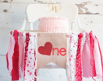 FINAL SALE Valentine&#39;s Day 1st Birthday Decor, Valentines First Birthday Banner, Valentine&#39;s Highchair Banner, One Year Old Party Decoration