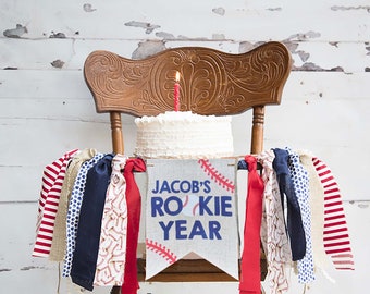 FINAL SALE Personalized Rookie of the Year Baseball First Birthday Banner, Baseball Party Banner, Baseball Highchair Banner, First Birthday