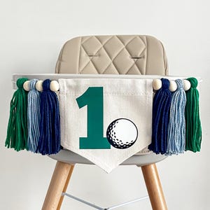 Banner de borlas para el primer cumpleaños de golf, decoración para trona con hoyo en uno, letrero para fiesta de primer cumpleaños deportivo, accesorios para aplastar pasteles