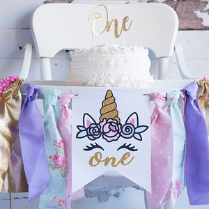 FINAL SALE Unicorn First Birthday Decor, Unicorn Highchair Banner, Girl&#39;s Party Banner, One Year Old First Birthday Party, Photo Prop