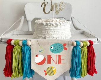 Vissen 1e verjaardagsfeestje decoraties, OFishally één eerste verjaardag kinderstoel banner, tropische vis kwast banner, cake Smash foto prop