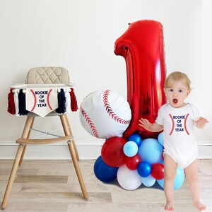 Decoraciones para fiesta de primer cumpleaños de Novato del año, kit para fiesta de primer cumpleaños de béisbol, decoración para trona de Little Slugger, globos deportivos