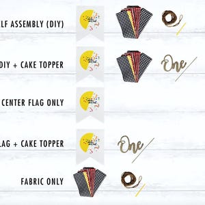 The image is a collage of four images, each depicting a different type of cake topper or decoration, along with the words "DIY", "DIY + CAKE TOpper", "CENTER FLAG ONLY", and "CENTER FLAG + CAKE TOpper".