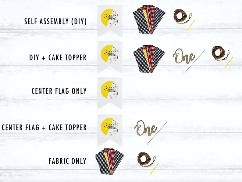 The image is a collage of four images, each depicting a different type of cake topper or decoration, along with the words "DIY", "DIY + CAKE TOpper", "CENTER FLAG ONLY", and "CENTER FLAG + CAKE TOpper".