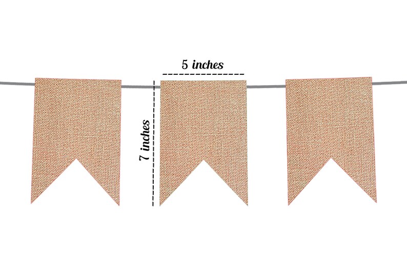 Puede incluir: Un bander&iacute;n de arpillera con tres banderas, cada una de 12,7 cm de ancho y 17,8 cm de largo. Las banderas son de color marr&oacute;n claro y tienen una forma puntiaguda.