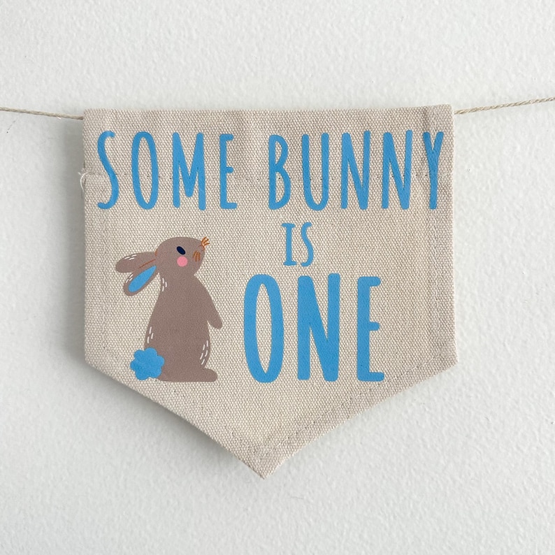 May include: A beige fabric banner with blue text that reads "Some Bunny is One". A cartoon bunny with blue accents is on the left side of the banner.