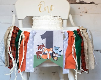 Woodland First Birthday Decor, Fox Highchair Banner, Woodland Animals Banner, Woodland One, Fox Birthday Party, Cake Smash Prop, HC013