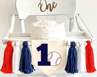 Striscione con nappa per il primo compleanno di baseball, decorazione per seggiolone "Primo Compleanno dell'Anno", cartello per la festa del primo compleanno di Little Slugger, gagliardetto per la torta smash