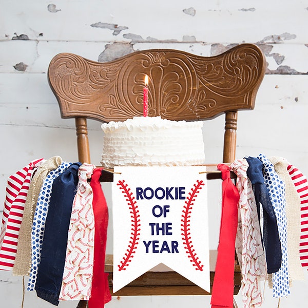 Rookie of the Year Banner, Baseball First Birthday, Baseball Highchair Banner, Baseball Banner, First Birthday Party, Cake Smash Prop, HC154