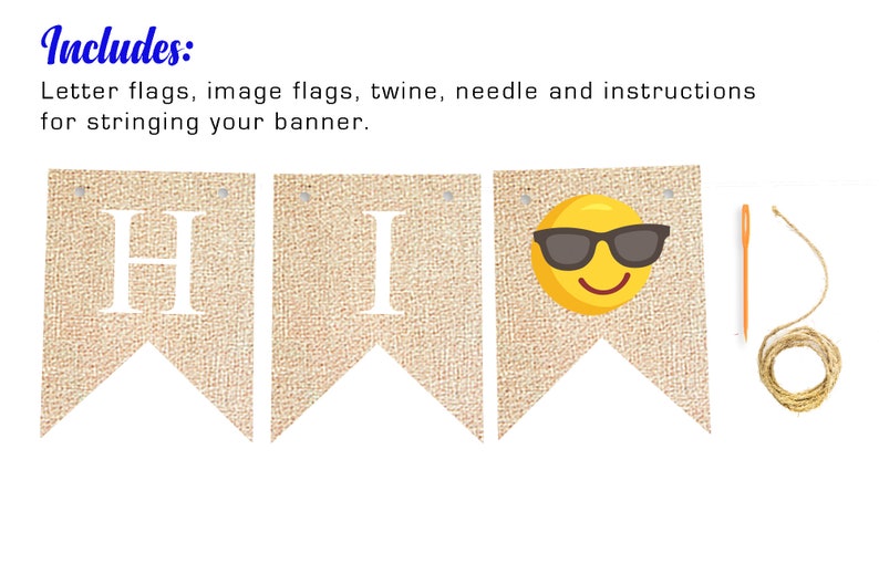 Puede incluir: Una pancarta de arpillera con las letras "HI" y un emoji sonriente con gafas de sol. La pancarta viene con cuerda, una aguja e instrucciones para encordarla.