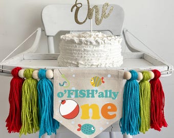Vissen 1e verjaardagsfeestje decoraties, OFishally één kinderstoel banner, The Big One eerste verjaardag kwast banner, Reel Cool Cake Smash Prop