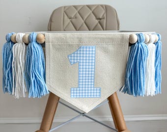 1st Geburtstag Kinderhochstuhl Banner, blau karierte Geburtstag Party Dekoration, Boho Garn Quasten Girlande, Cake Smash Dekor, Photo Prop Zeichen