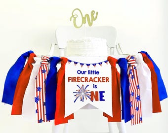 1st Birthday Banner: Fireworks and Fabric Strips - Summer Party Decor