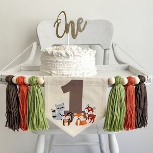 Decoraciones para el primer cumpleaños de Wild One, pancarta para trona con temática de bosque, letrero para el primer cumpleaños con animales del bosque, decoración de zorros, pancarta para trona con temática boho