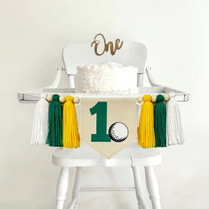Bandera de borlas para primer cumpleaños de golf, decoración para trona de hoyo en uno, letrero amarillo y verde para fiesta de primer cumpleaños de deportes, banderín para fiesta de aplastamiento de pastel