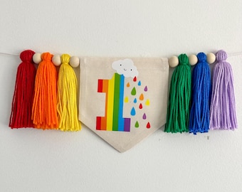 Rainbow Birthday Tassel Banner, Primary Colors Highchair Decoration, Colorful 1st Birthday Party Sign, Cake Smash Pennant