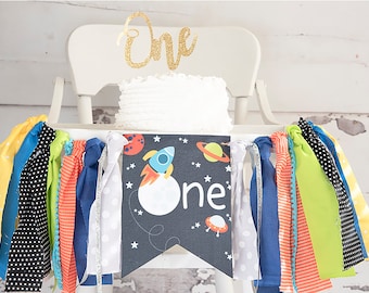 FINAL SALE Outer Space First Birthday Highchair Banner, Astronaut Party Decorations, Rocket Ship Banner HC064
