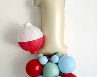 Fishing First Birthday, Red and Blue Fishing Party, OFishally One, Fish 1st Birthday, DIY Fishing Balloon Tower, First Birthday Boy