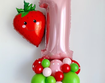 Erdbeer-Geburtstags-Ballonturm, Beere Süße erste Geburtstagsdekoration, rosa und rote erste Geburtstagsfeier, Erdbeer-Ein-Ballondekor