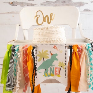 FINAL SALE Dinosaur Highchair Banner, Dino 1st Birthday Decor, Dino Banner, First Birthday Party, Cake Smash Prop, One Year Decoration
