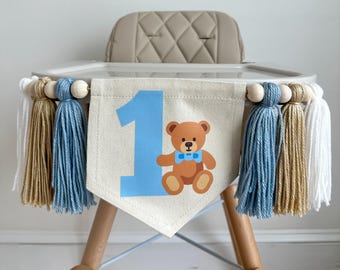 Teddybär-Geburtstagsthema, Hochstuhlbanner, Bären 1.Geburtstag, Teddybär-Party, Jungen-Partydekorationen, 1-jähriger Junge