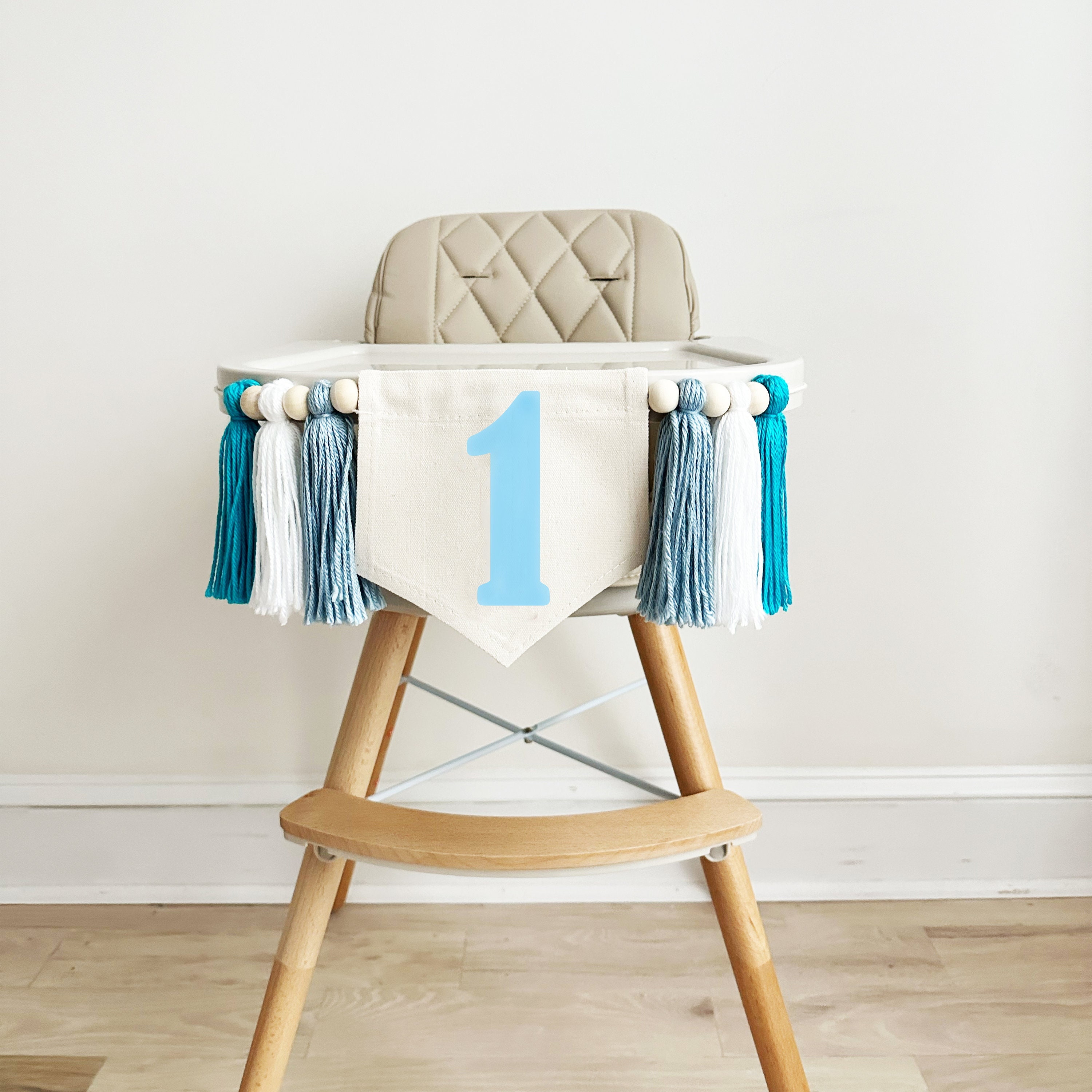1st Birthday High Chair Banner, Neutral First Birthday Party Decorations, Boho Yarn Tassel Banner, Cake Smash Decor, Photo Prop Sign, Blue