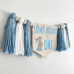 May include: A blue and white tassel banner with the text "Some Bunny is One" and a cartoon bunny illustration. The banner is strung with wooden beads.
