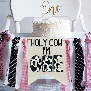 FINAL SALE Holy Cow I&#39;m One First Birthday Highchair Banner | Farm Birthday Party Decorations | Pink & White Barnyard 1st Birthday Decor