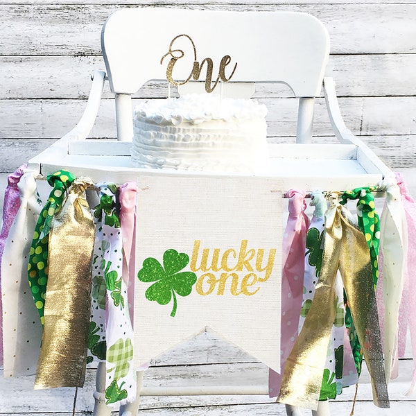 Lucky One Glitter Birthday Banner, St. Patricks Day 1st Birthday Party, First Birthday Highchair Banner,  One Year Old Party Decor, HC118