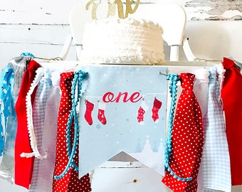 Christmas 1st Birthday Decor, Christmas Stockings Highchair Banner, Holiday One Banner, HC131