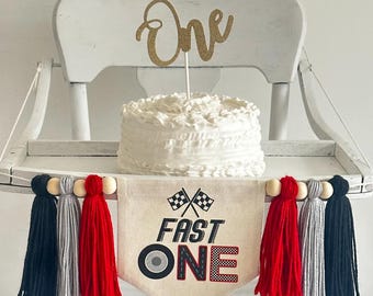 Fast One 1st Birthday Tassel Banner, Race Car Highchair Decoration, Racing First Birthday Party Sign, Cake Smash Pennant
