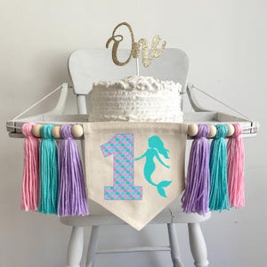 Decoraciones para fiesta de primer cumpleaños de sirena, pancarta para trona de primer cumpleaños bajo el mar, decoración temática de primer cumpleaños de sirena de Oneder the Sea