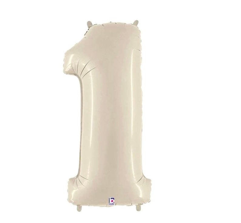 A single, beige-colored balloon in the shape of the number one.