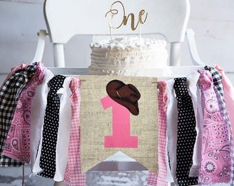 Banner kinderstoel: western cowgirl-thema - roze banner 1e verjaardag