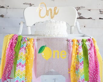 Lemonade First Birthday Banner: Pink Highchair Decor (DIY Fabric Strips Included)