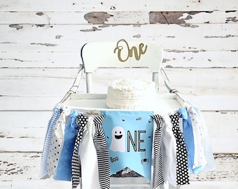 First Birthday Banner: Halloween Blue and Gold - Ghost Highchair Decor