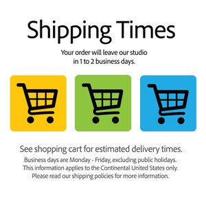 The image is a shipping times advertisement, featuring three shopping carts with different colors and a message about estimated delivery times.