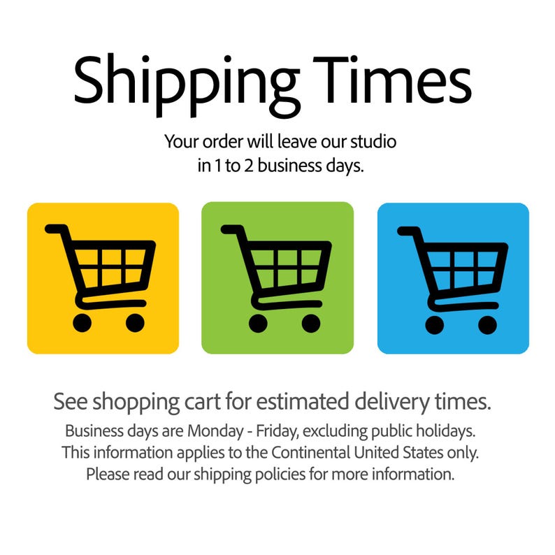 The image is a shipping times advertisement, featuring three shopping carts with different colors and a message about estimated delivery times.