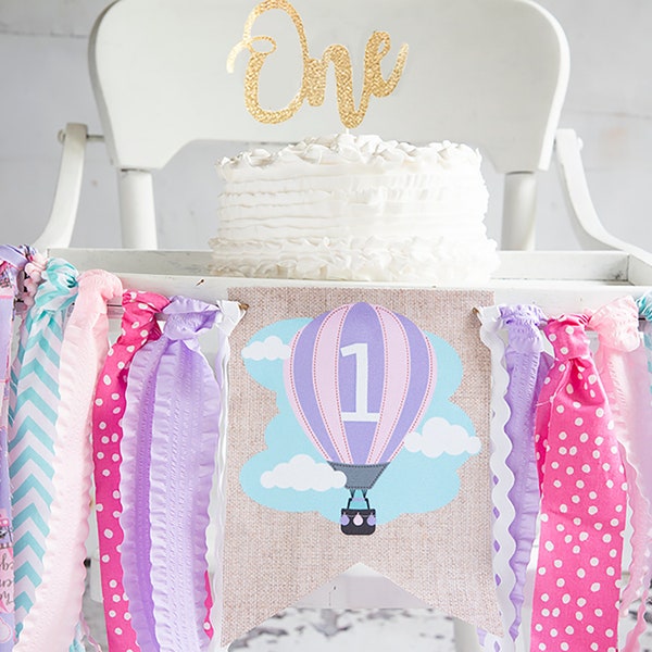 Up Up and Away Party, Hot Air Balloon Party Decor, 1st Birthday High Chair Banner, Smash Cake Decor, Highchair Banner Girl, HC061