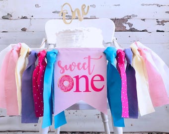 Sweet One 1st Birthday Banner: Donut Party Decoration (Pink Blue Fabric)
