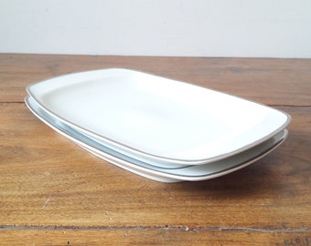 German vintage/small rectangular dish/lot of 2/white faience/silver décor/modernist porcelain/Schirnding Bavaria/1960
