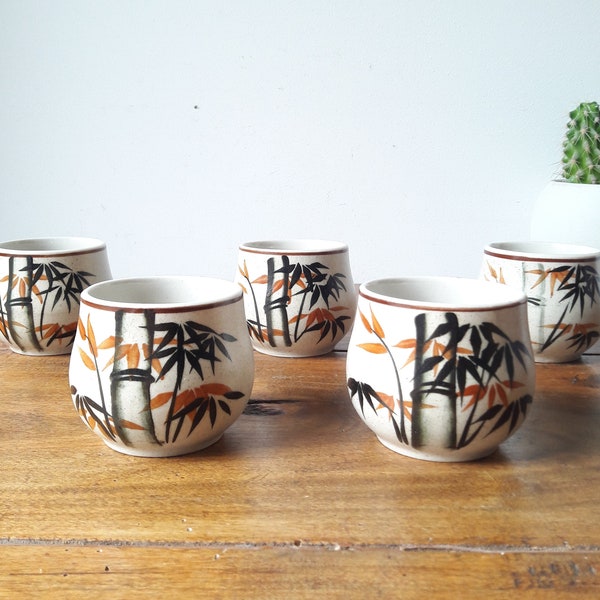 Japonais vintage/tasses à thé en grès/céramique décorée/décor peint de bambou/années 70/Lot de 5