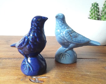 Vintage French/pair of slurry birds/Piggy banks/pair of blue and gold birds/Faiencerie d'Onnaing/Folk Art/1960