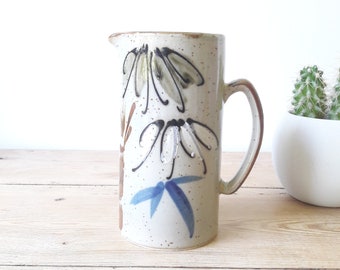 Vintage French/Glazed sandstone pitcher/table jug/artisanal pottery/hand-painted decoration of leaves/60s