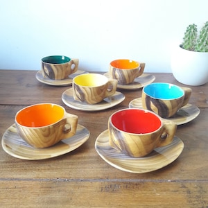 Vintage coffee set/Rare Grandjean Jourdan/Vallauris art earthenware/6 cups and saucers/imitation wood decor/France 1950s
