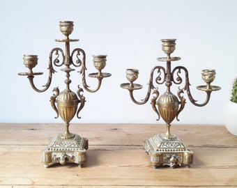 Paire de chandeliers anciens/bronze sculpté/porte bougie 3 bras/style empire/France XIXe siècle